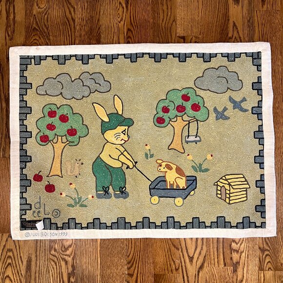 Judi Boisson American Country Hand Hooked Rug Apple Tree Bunny 40 x 30 90's - Picture 4 of 7